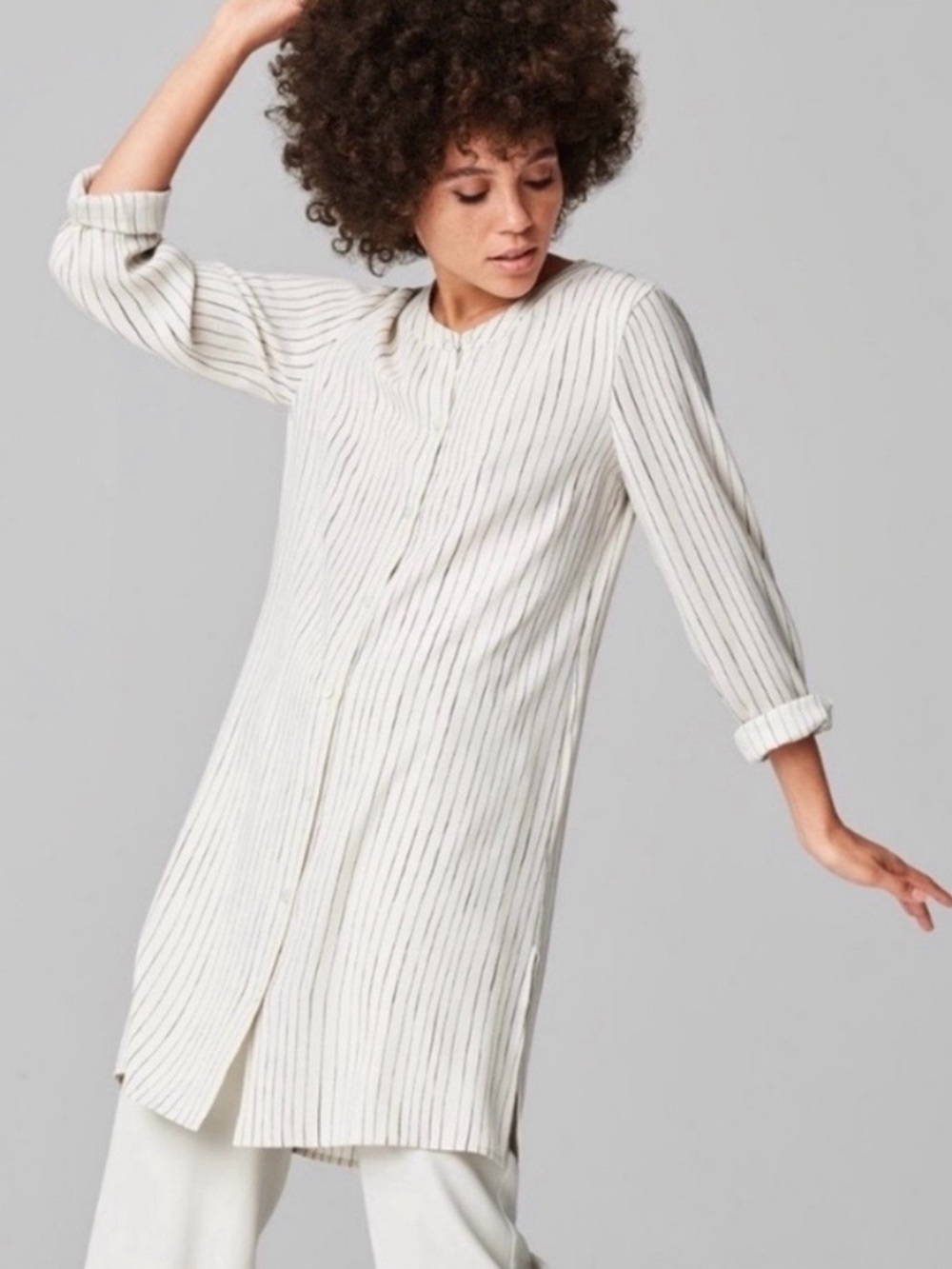 Eileen Fisher Painterly Stripe Silk Crepe Round Neck Long Shirt Size PS